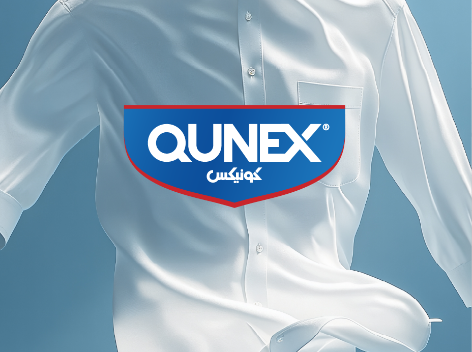 QUNEX blue and red shield brand logo for the packaging design project