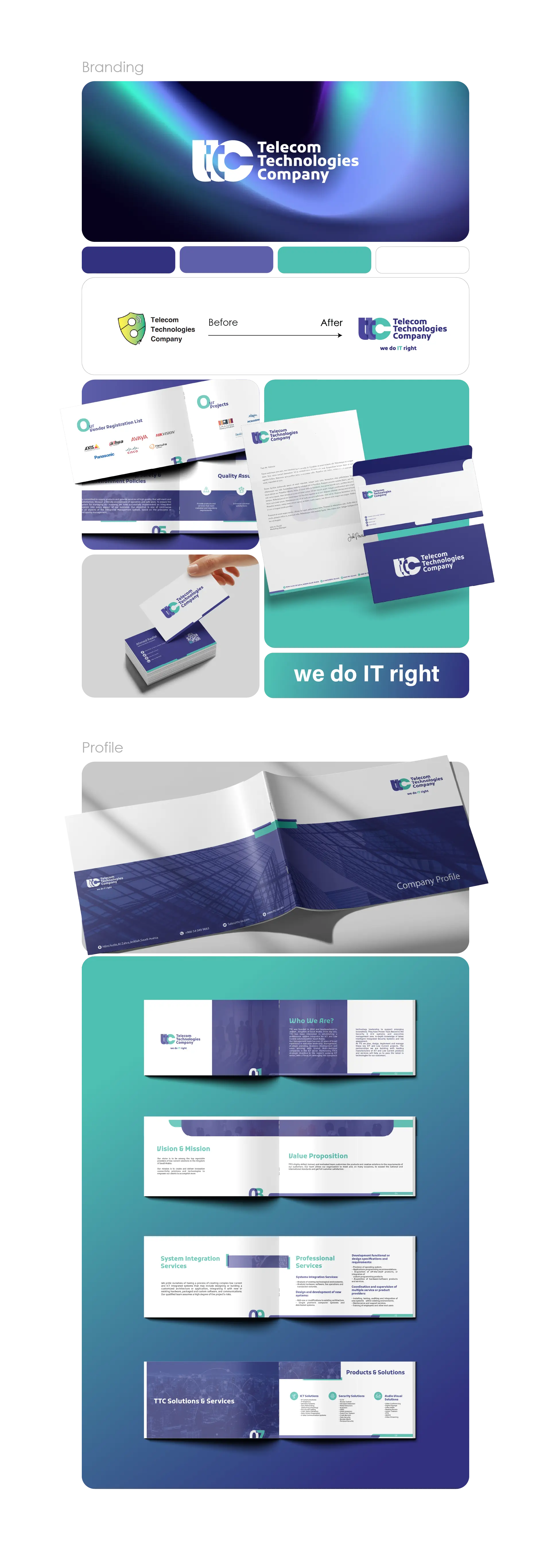Telecom Technologies Company brand identity with the interlocking ttc monogram in blue and teal and the "we do IT right" tagline.